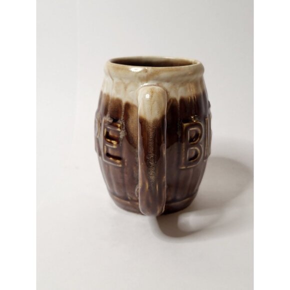 BIERE MUG BARRELL BROWN TWO-TONE CONDITION EXCELLENT Vintage Bar Decor - Picture 5 of 9